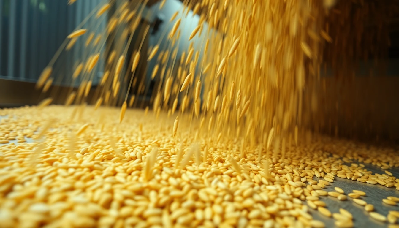 Golden wheat grains being processed
